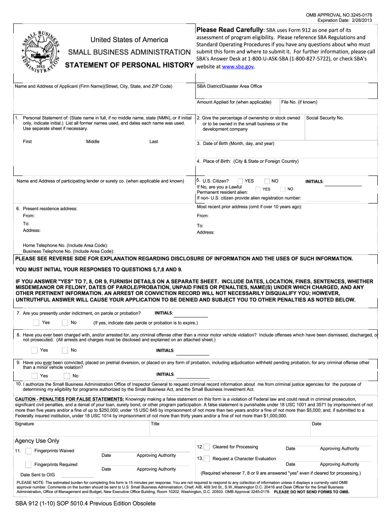 Sba Form 912 Printable