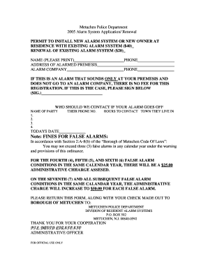 Alarm Registration Form Metuchen Metuchennj