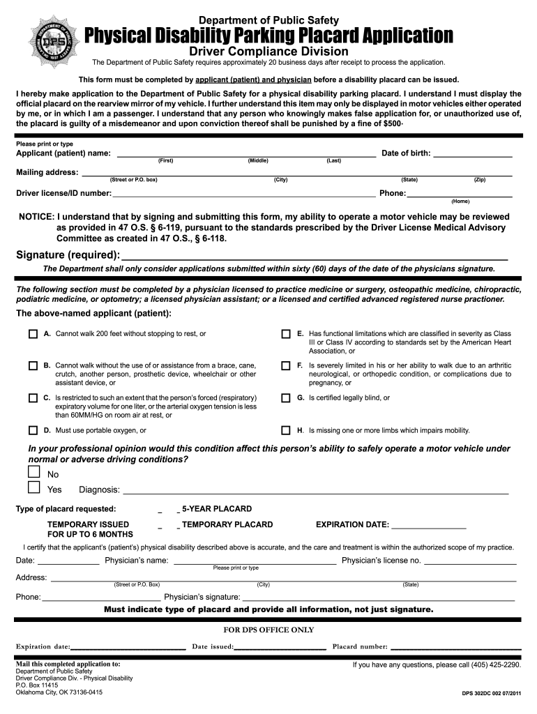  Department of Public Safety Handicap Parking Placard Application Fillable Form 2011