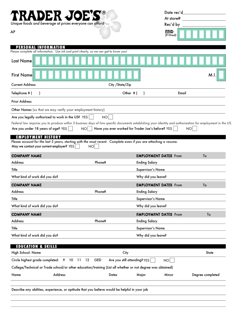 Trader Joe's Application  Form