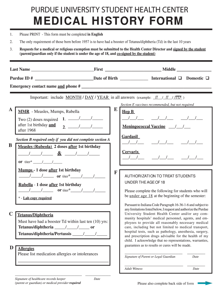 Purdue Medical History Form