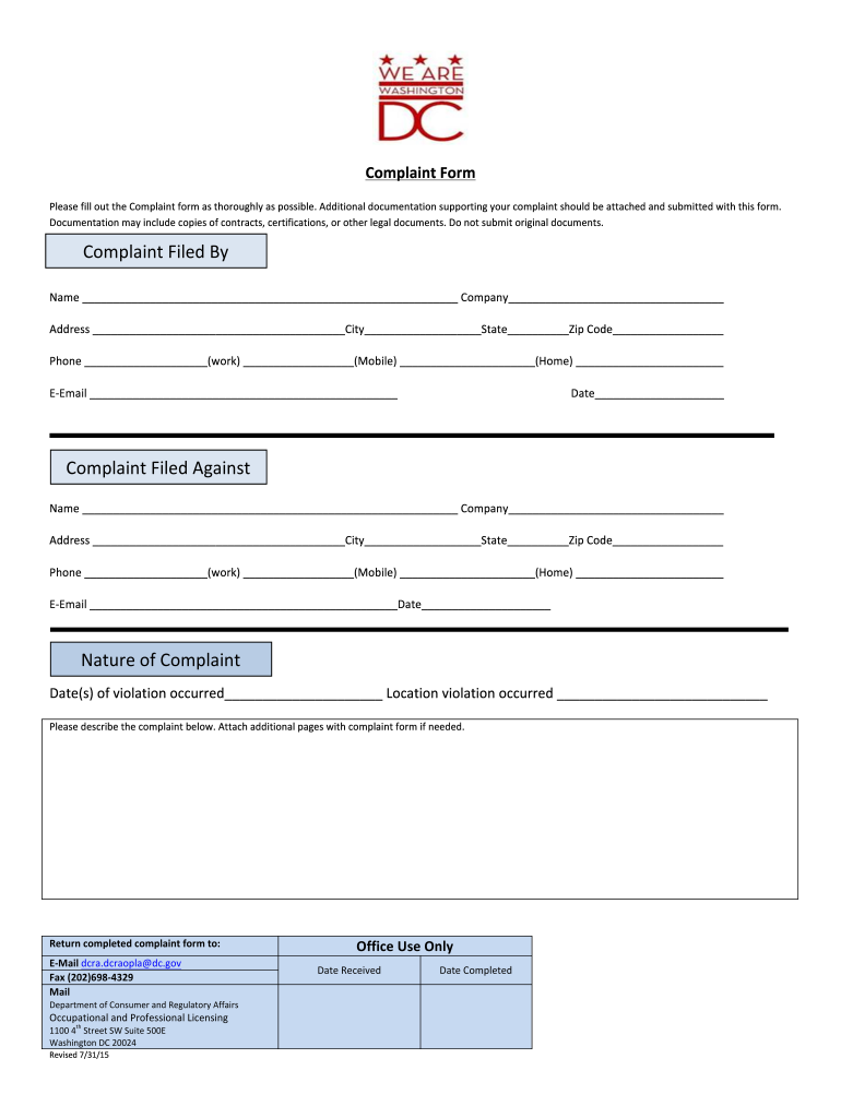 Dc Real Estate Boars Complaint  Form