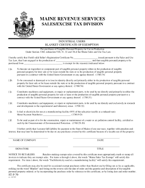 Maine Industrial Users Blanket Certificate of Exemption Form