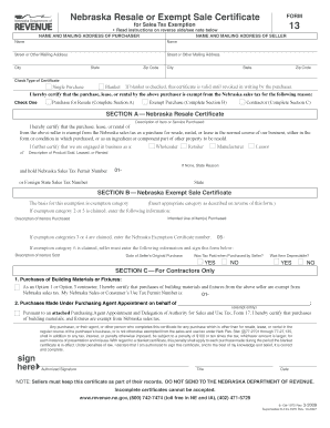 Nebraska Resale or Exempt Sale Certificate  Form