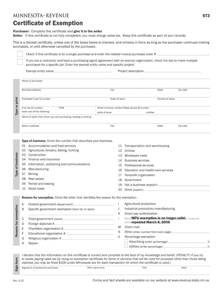  Minnesota Certificate of Exemption St3 Form 2019