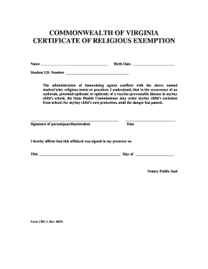 Religious Exemption Form Virginia