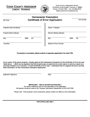 Homeowner Exemption Certificate of Error Application  Form