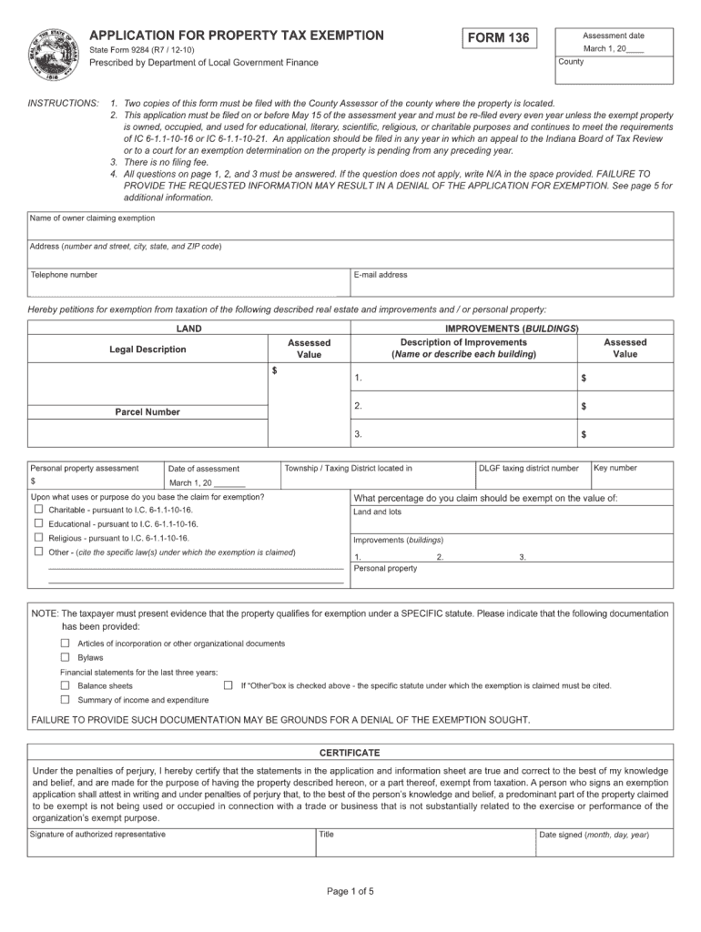  Application for Property Tax Exemption Form 136 2010