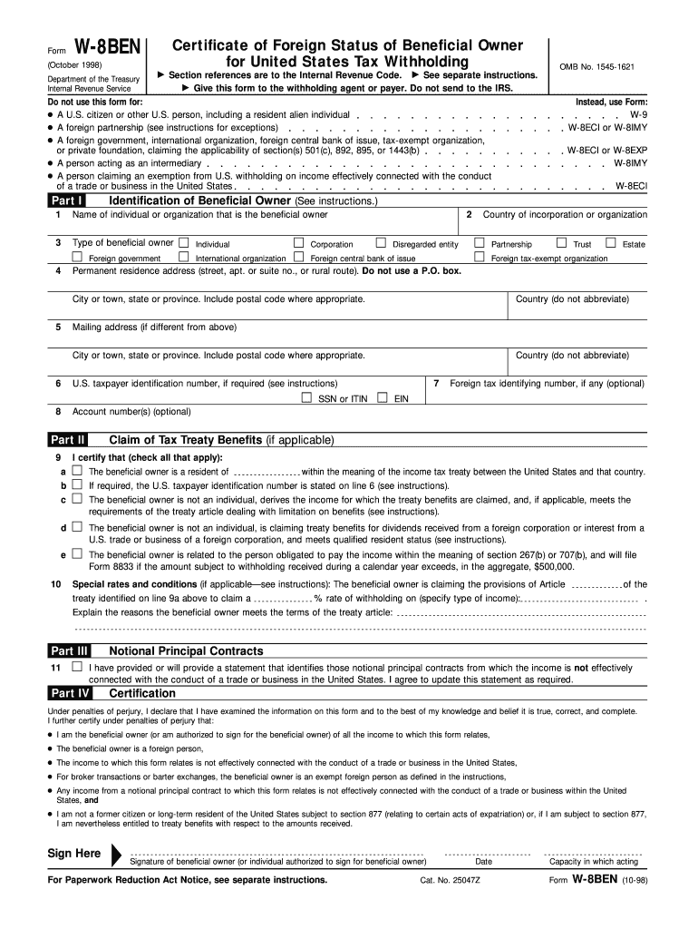 Get and Sign IRS Form W8 BEN PDF 1998-2022