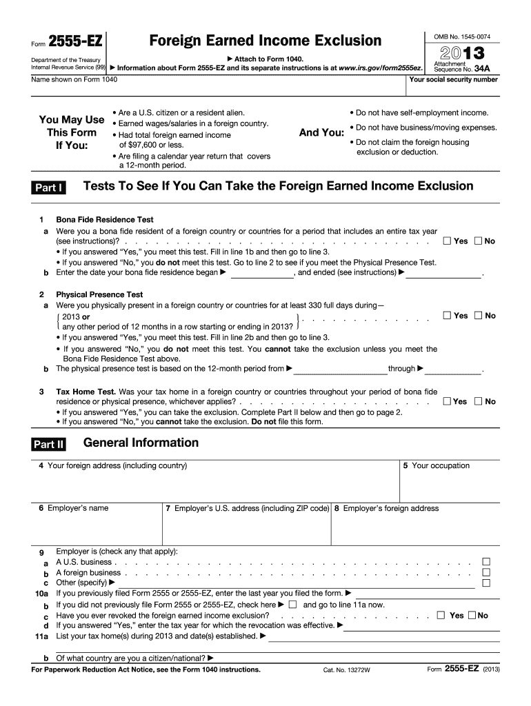  F2555ez Fillable Form 2013