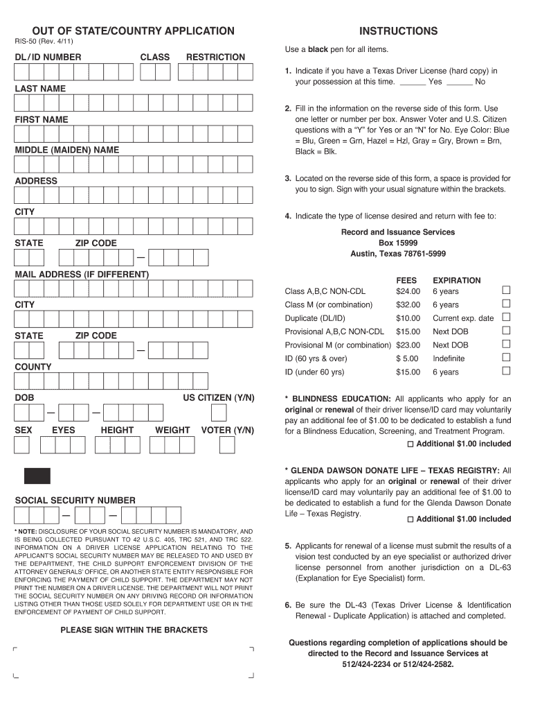 Out of Statecountry Application Ris 50 Form