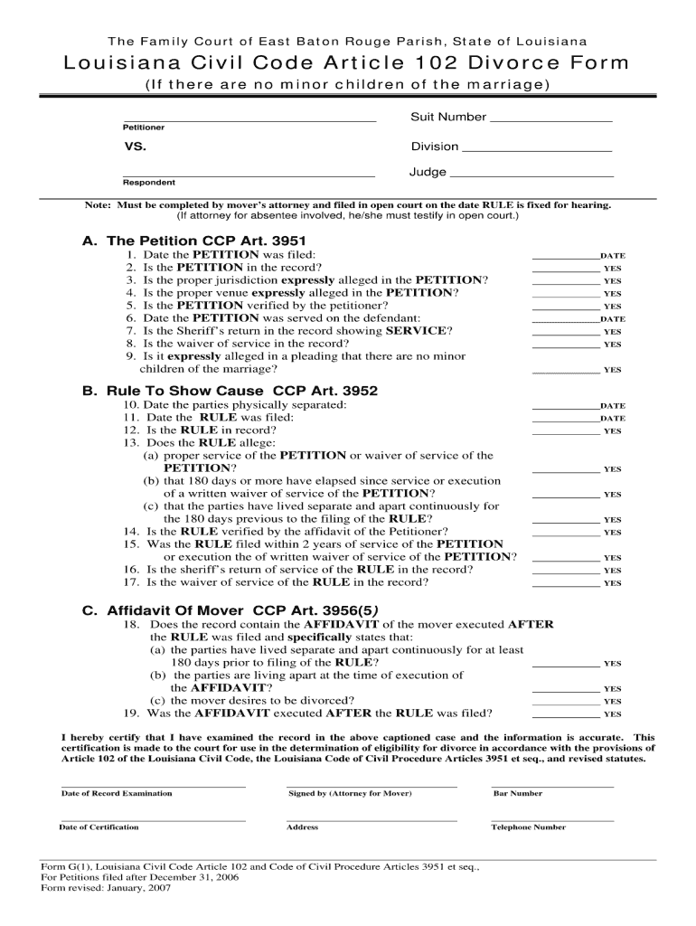 Form for a Rule for 102 Louisiana Divorce