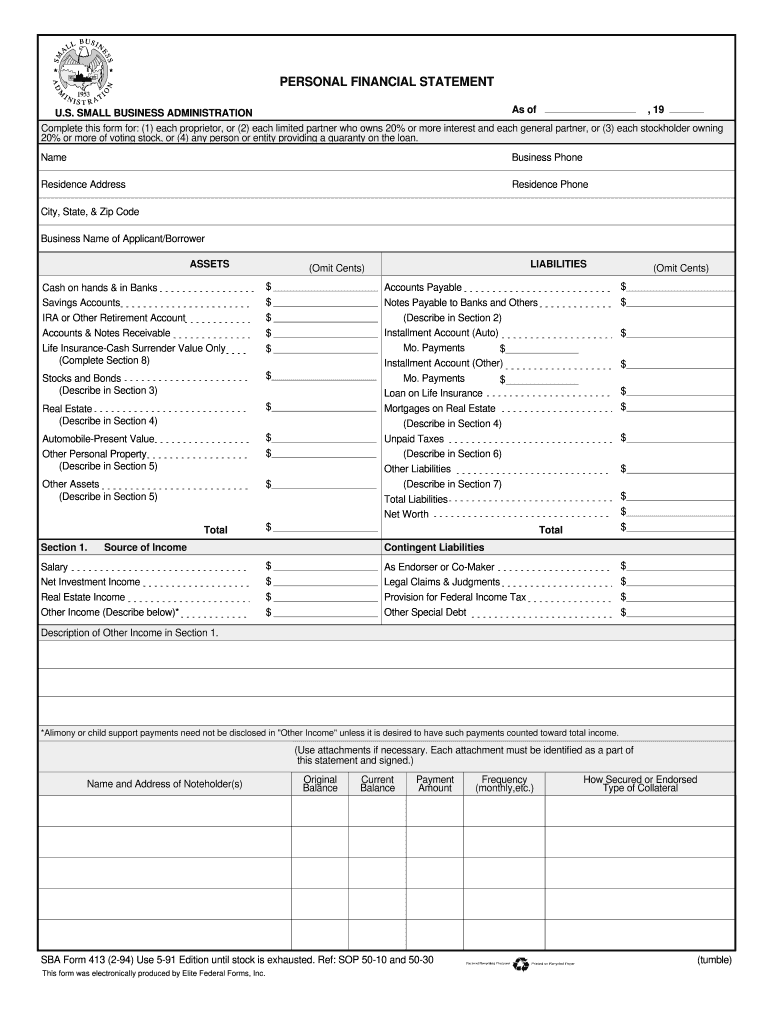  Sba Forms Personal Financial Statement 2018