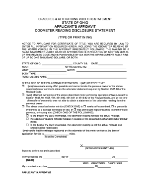 Odometer Disclosure Statement Ohio  Form