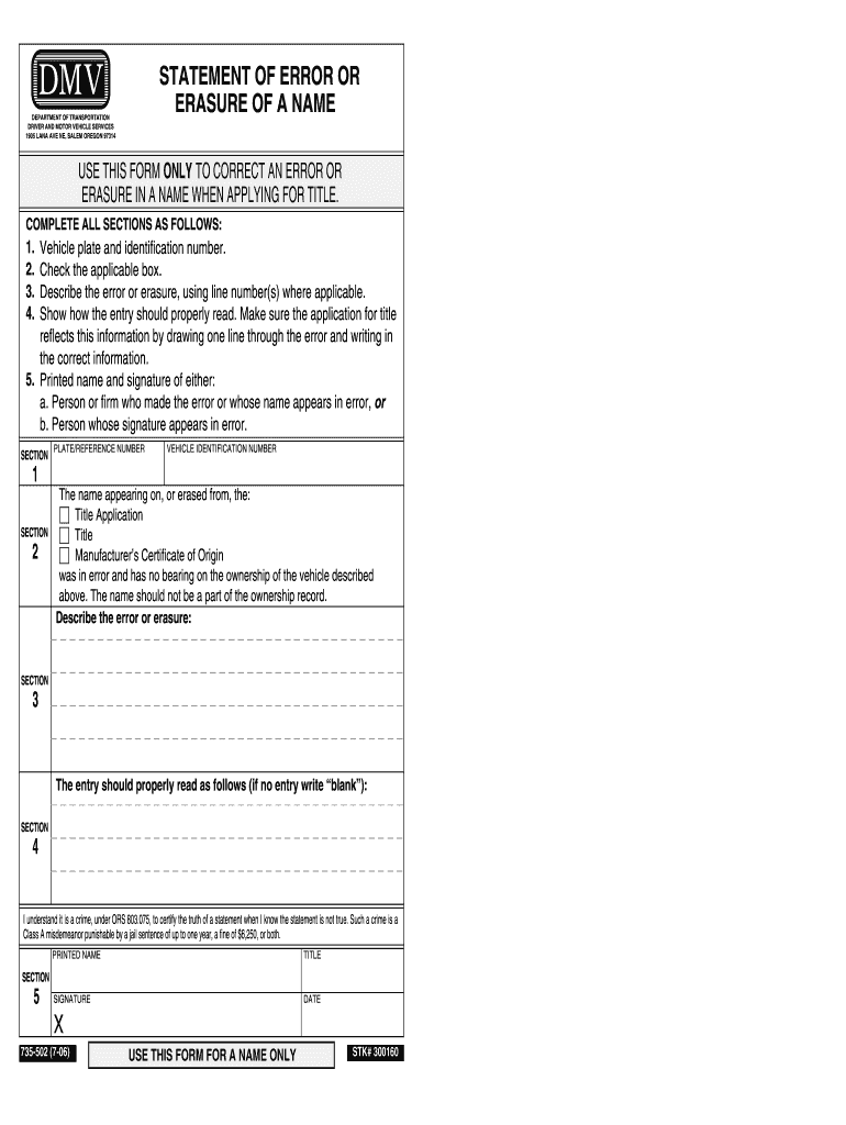  Oregon Dmv Statement of Error 2006