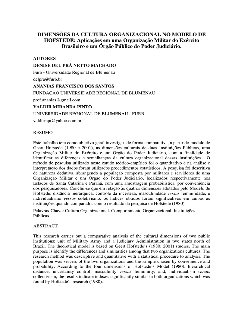 Dimensoes Da Cultura Organizacional No Modelo De Hofstede Aplicacoes Em Uma Organizacao Militar Do Exercito Brasileiro E Um Orga  Form