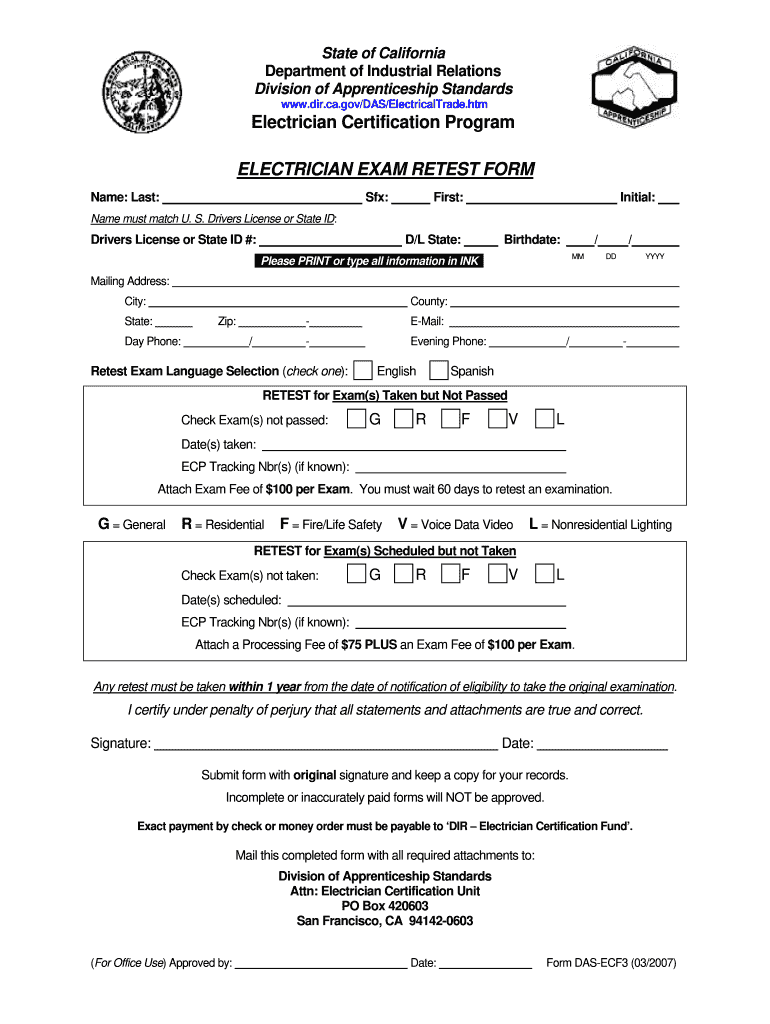 Electrician Exam Retest Form