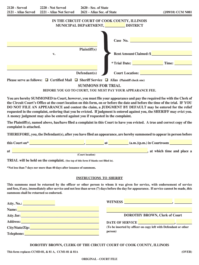 Cook County Municipal Summons This Form Replaces Ccmd 81