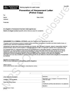 Prevention of Harassment Letter  Form