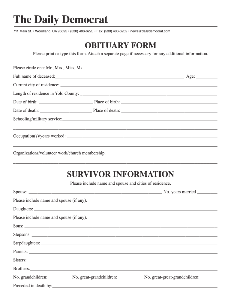 Obituary Template  Form