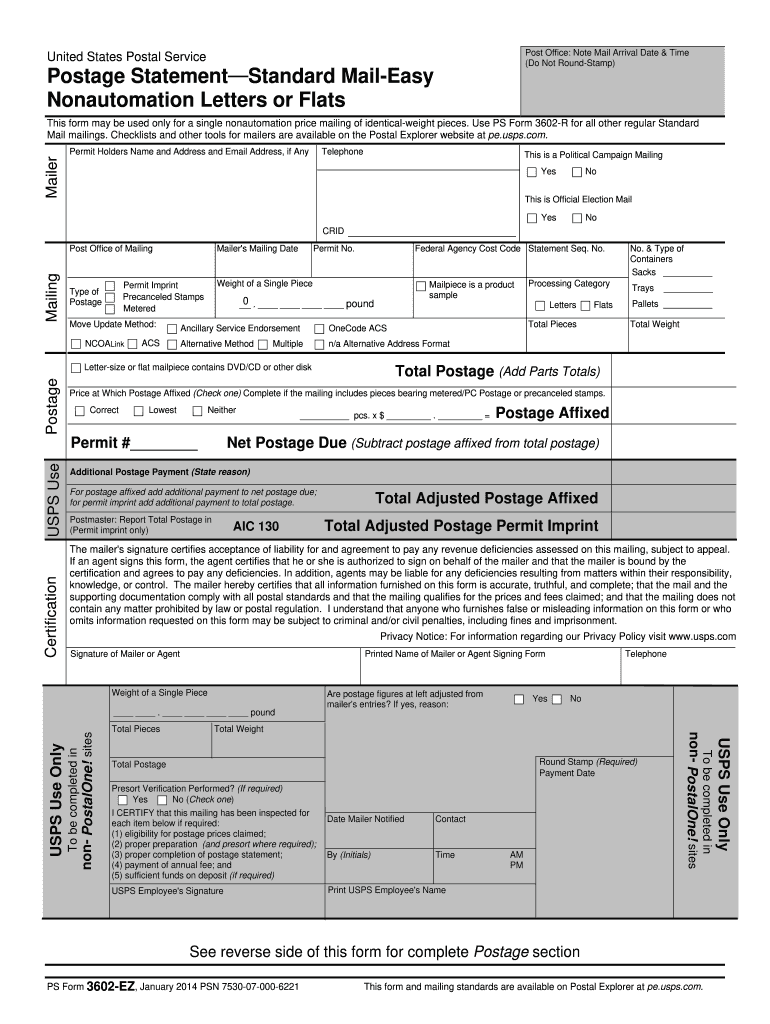  Postage Statement Nonprofit Standard Mail Easy Nonautomation Letters or Flats Form 2021