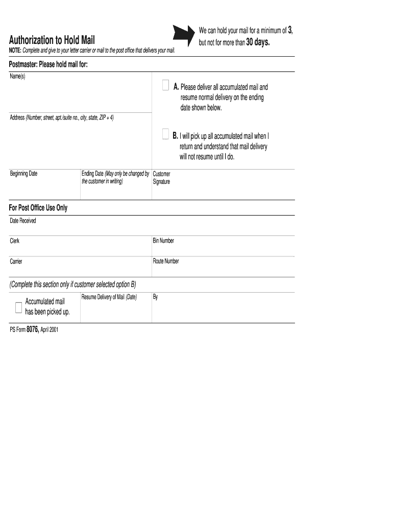  Usps Hold Mail Form 2001-2024