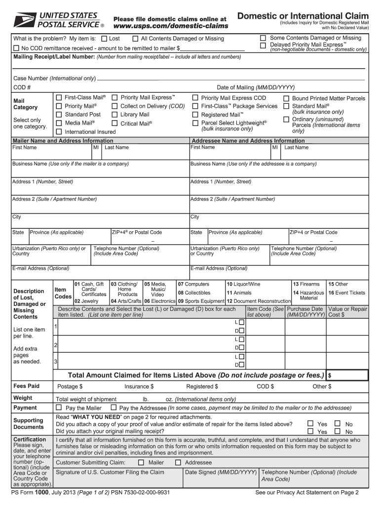  Usps Claim Form 1000 Download 2013