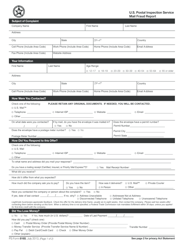  Us Post Office Form 8165 on Line 2011