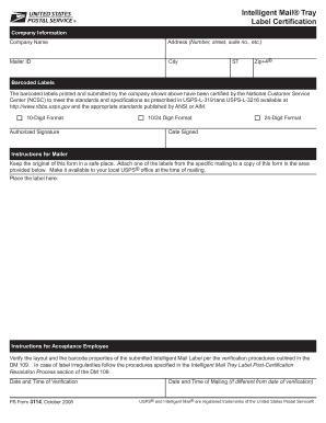 Intelligent Mail Tray Label Certification  Form