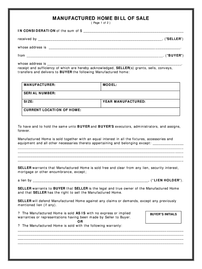 Get and Sign Mobile Home Bill of Sale  Form