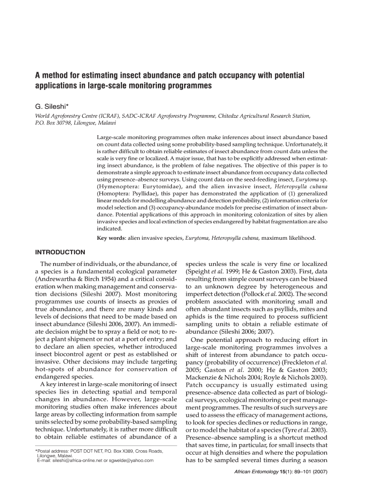 A Method for Estimating Insect Abundance and Patch Occupancy Worldagroforestry  Form