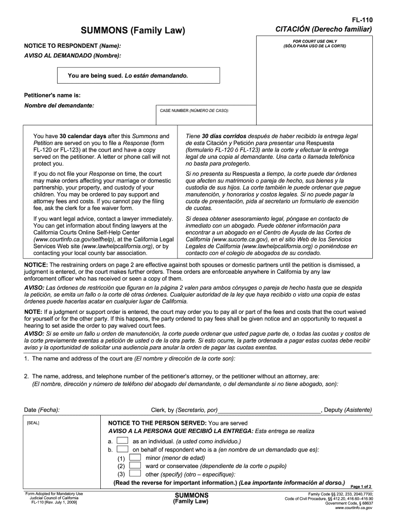 Get and Sign Form Adopted for Mandatory Use Judicial Council of California Fl 110 Rev July 12009
