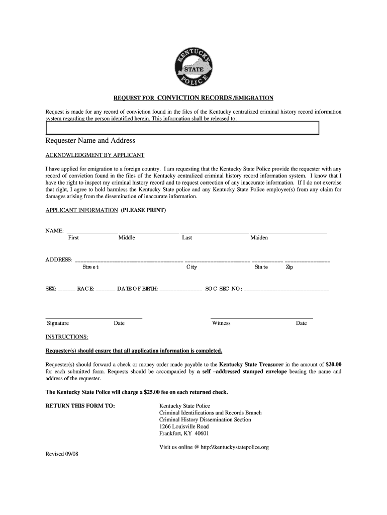 Get and Sign Kentucky State Police Emigration Form 2008-2022