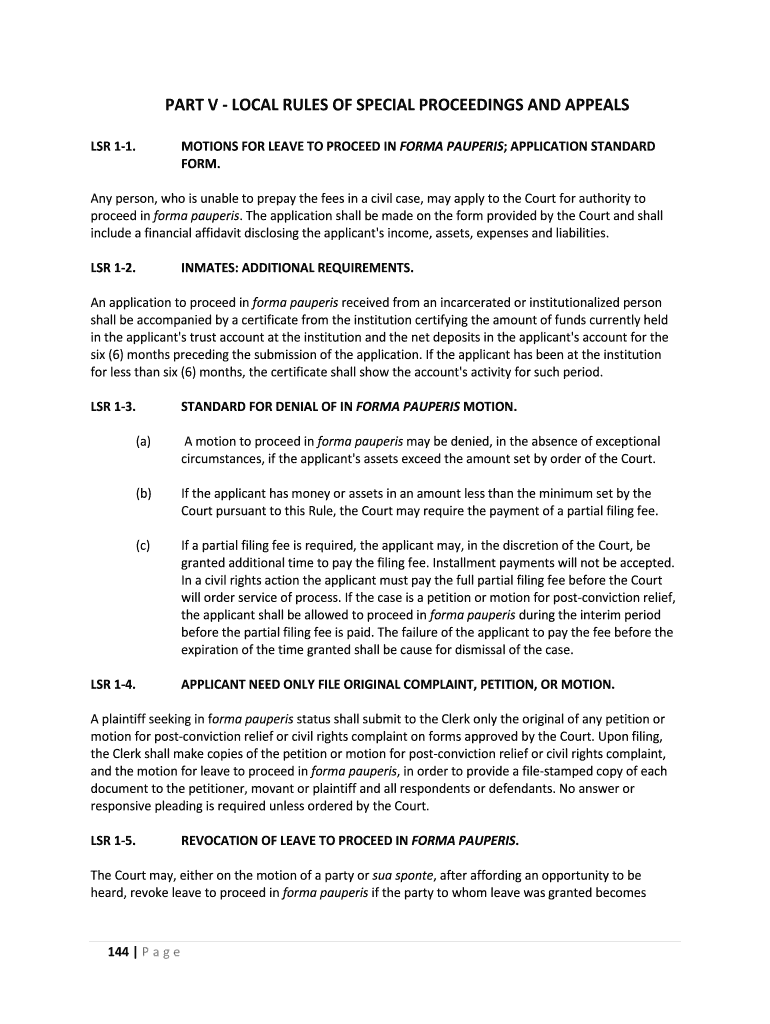 PART V  LOCAL RULES of SPECIAL PROCEEDINGS and    Nvd Uscourts  Form