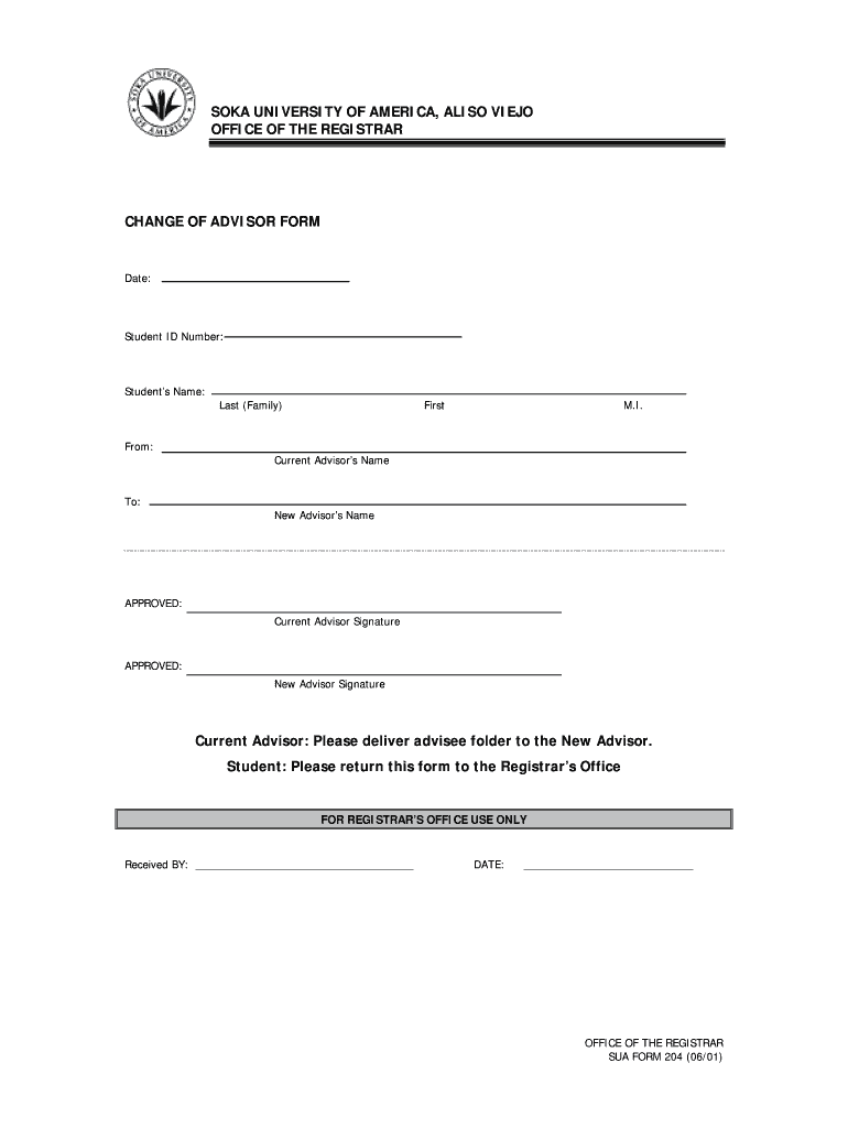 Change of Advisor Form  Soka University  Soka