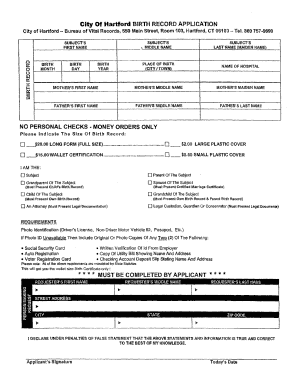 PDF City of Hartford Birth Record Application Form