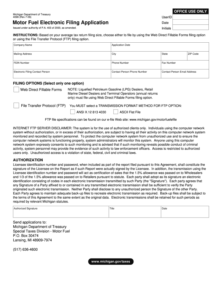 4099, Motor Fuel Electronic Filing Application  State of Michigan  Michigan  Form