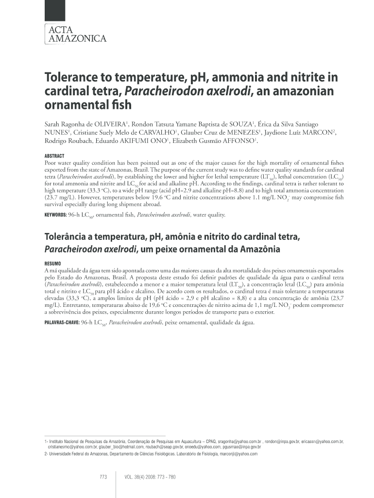 Tolerance to Temperature, PH, Ammonia and Nitrite in    SciELO  Scielo  Form