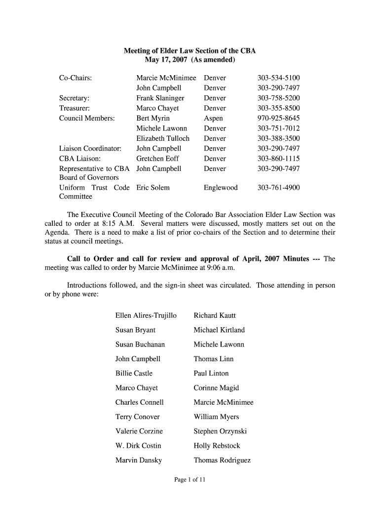 Meeting of Elder Law Section of the CBA May 17, as Amended Cobar  Form