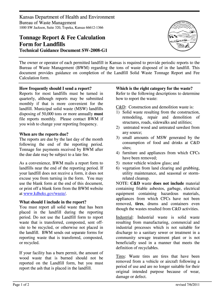 Tonnage Report & Fee Calculation Form for Landfills Rt & Fee    Kdheks