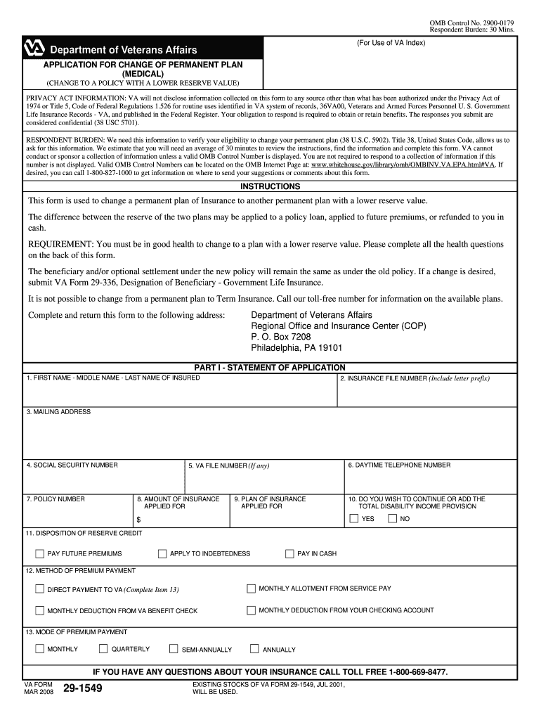 VA Form 29 1549  Veterans Benefits Administration  Vba Va