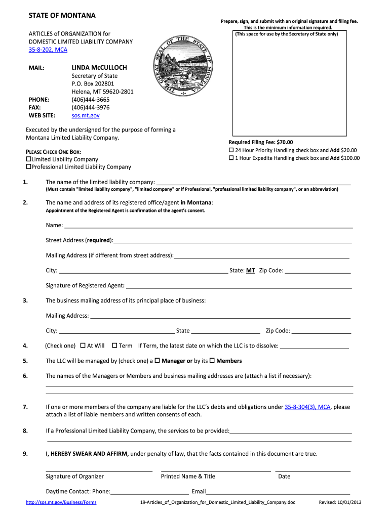  Montana Articles of Organization Form 2013-2024