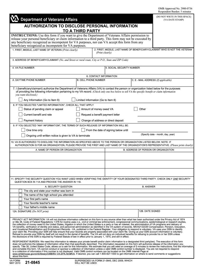  Va Form 21 0845 2010