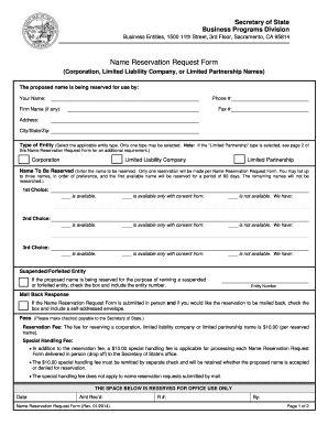Name Reservation Request Form California