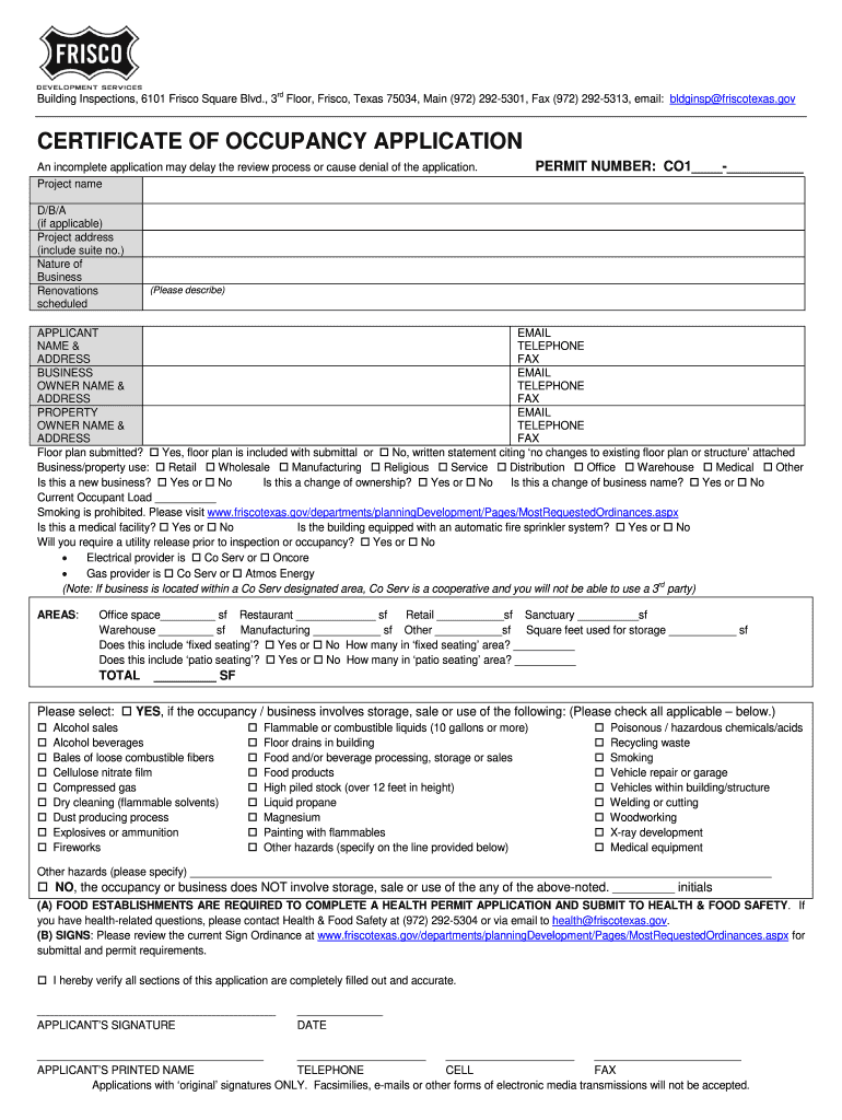 City of Frisco Certificate of Occupancy  Form