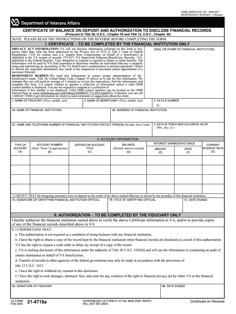  Va Form 21 4718a 2009