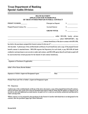 Texas Department of Banking Special Audits Division Death Maturity  Form