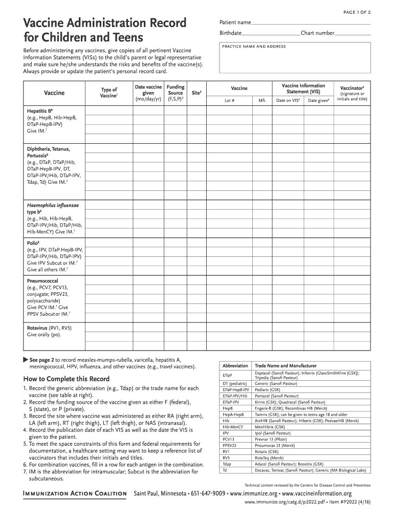  Immunization Record Card  Form 2011