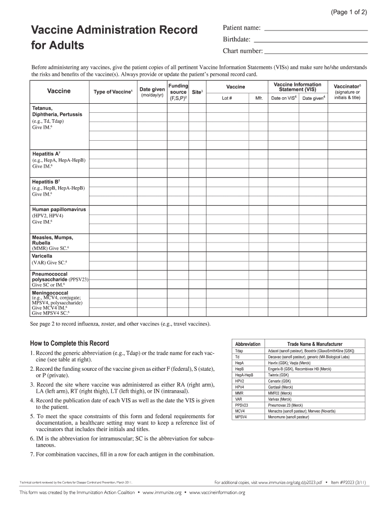  Printable Immunization Record Forms 2011
