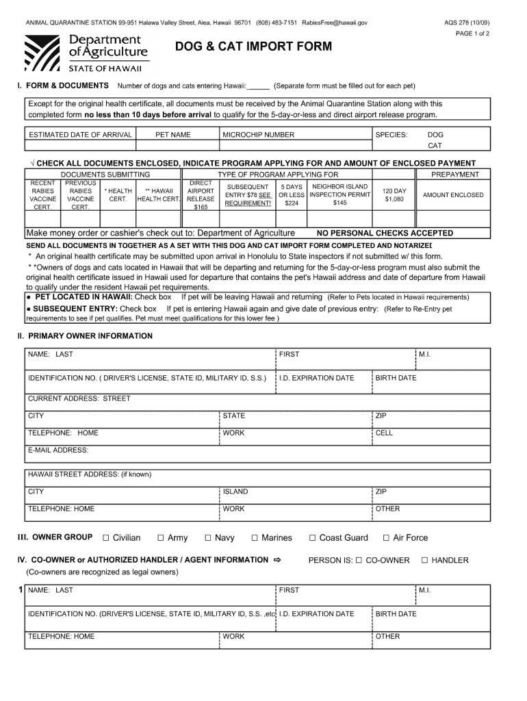  Dog & Cat Import Form Aqs 278 2011